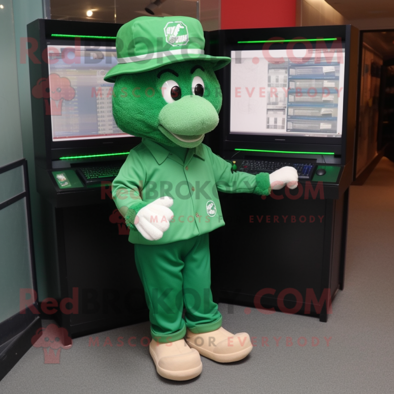 Green Computer mascot costume character dressed with a Polo Shirt and Caps Green Computer mascot costume character dressed with a Polo Shirt and Caps