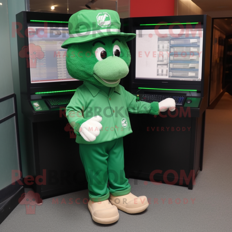 Green Computer mascot costume character dressed with a Polo Shirt and Caps