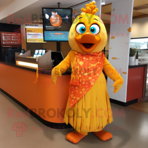 Orange Butter Chicken mascot costume character dressed with a Maxi Dress and Bracelets