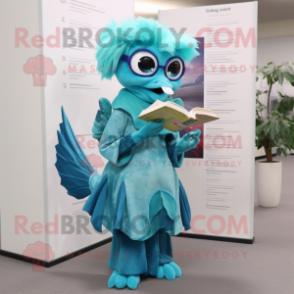 Cyan Betta Fish mascot costume character dressed with a A-Line Dress and Reading glasses