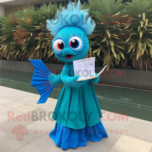Cyan Betta Fish mascot costume character dressed with a A-Line Dress and Reading glasses