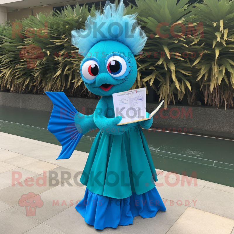 Cyan Betta Fish mascot costume character dressed with a A-Line Dress and Reading glasses Cyan Betta Fish mascot costume character dressed with a A-Line Dress and Reading glasses