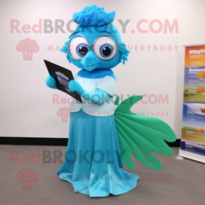 Cyan Betta Fish mascot costume character dressed with a A-Line Dress and Reading glasses