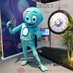 Maskotfigur af en cyan...