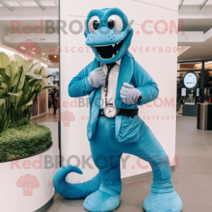 Sky Blue Titanoboa mascot costume character dressed with a Blazer and Bracelet watches