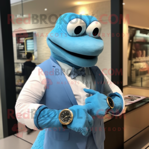 Sky Blue Titanoboa mascot costume character dressed with a Blazer and Bracelet watches