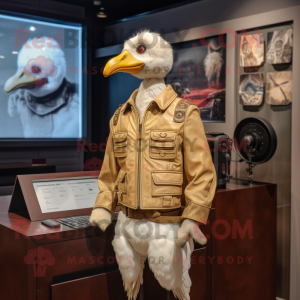 Beige Muscovy Duck mascot costume character dressed with a Leather Jacket and Pocket squares