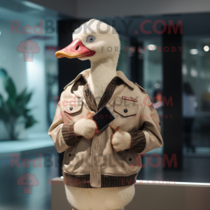 Beige Muscovy Duck mascot costume character dressed with a Leather Jacket and Pocket squares