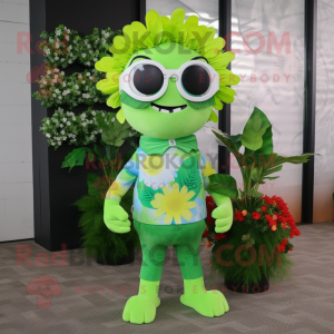 Lime Green Bouquet Of Flowers mascot costume character dressed with a Oxford Shirt and Sunglasses