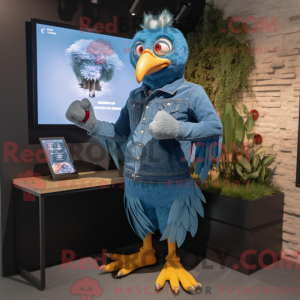 Maskotfigur af en cyan...