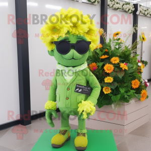 Lime Green Bouquet Of Flowers mascot costume character dressed with a Oxford Shirt and Sunglasses