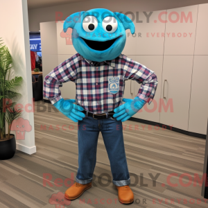 Maskotkarakter af en cyan...