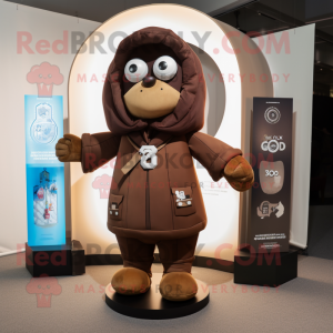 Brown Hourglass mascot costume character dressed with a Bomber Jacket and Shawl pins