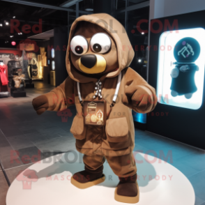 Brown Hourglass mascot costume character dressed with a Bomber Jacket and Shawl pins