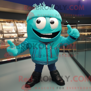 Maskotfigur af en cyan...