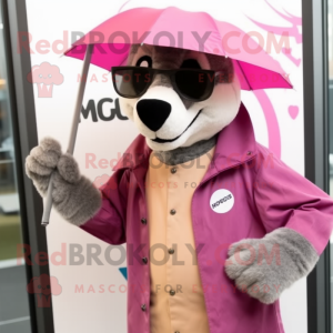 Pink Badger mascot costume character dressed with a Raincoat and Sunglasses