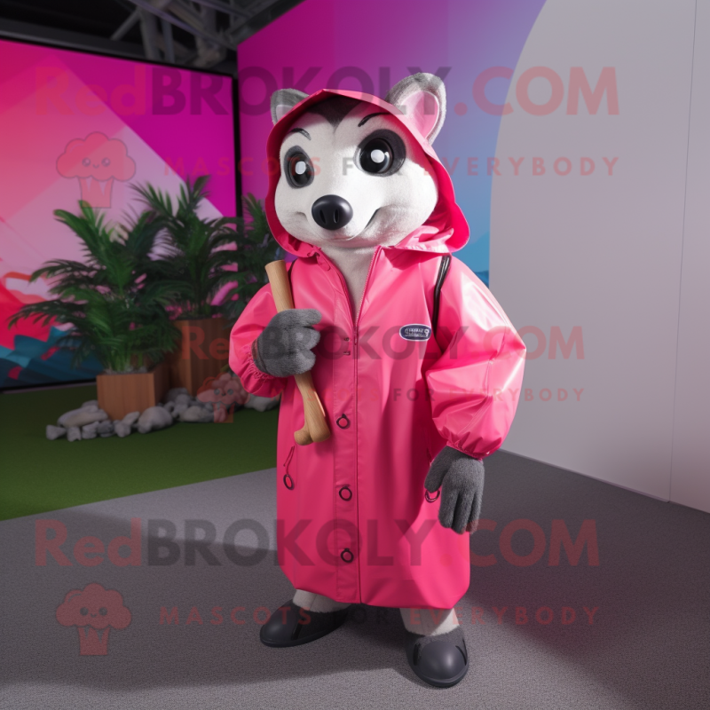 Pink Badger mascot costume character dressed with a Raincoat and Sunglasses