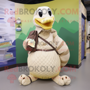 Cream Anaconda mascot costume character dressed with a A-Line Skirt and Messenger bags