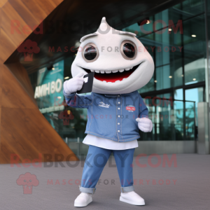 White Tuna mascot costume character dressed with a Flare Jeans and Smartwatches