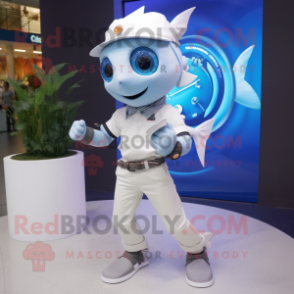 White Tuna mascot costume character dressed with a Flare Jeans and Smartwatches