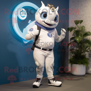 White Tuna mascot costume character dressed with a Flare Jeans and Smartwatches