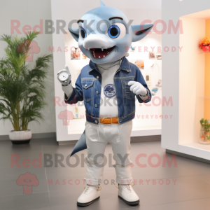 White Tuna mascot costume character dressed with a Flare Jeans and Smartwatches