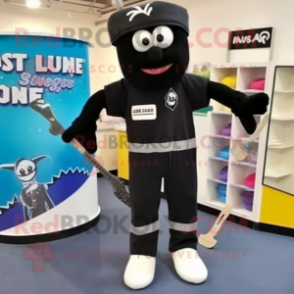 Black Ice Hockey Stick mascot costume character dressed with a Dungarees and Shoe clips