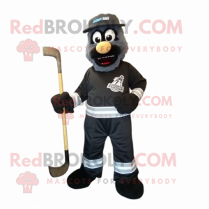 Black Ice Hockey Stick mascot costume character dressed with a Dungarees and Shoe clips