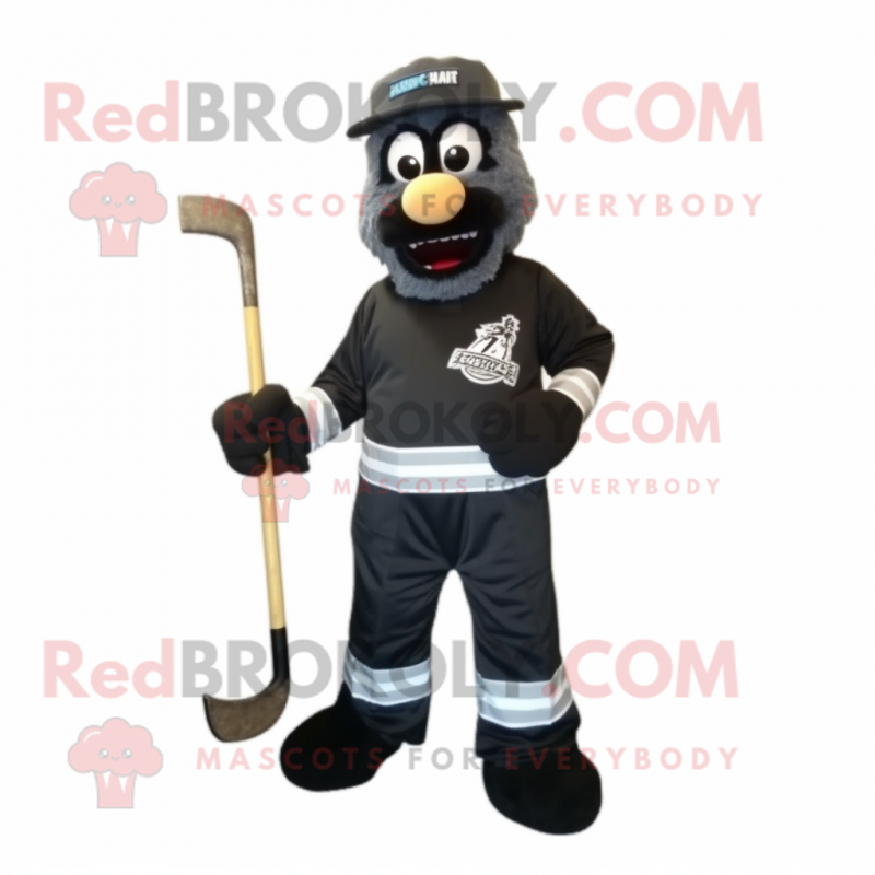 Black Ice Hockey Stick mascot costume character dressed with a Dungarees and Shoe clips
