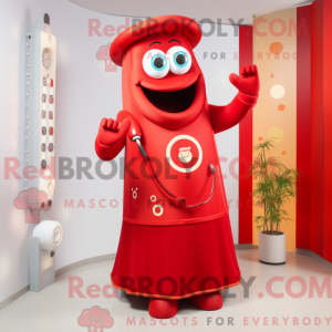 Maskotkarakter av en röd...