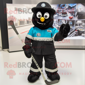 Black Ice Hockey Stick mascot costume character dressed with a Dungarees and Shoe clips