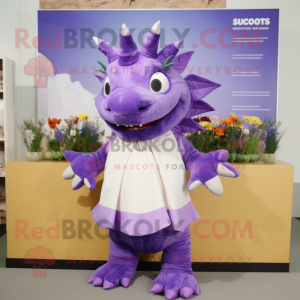 Lavender Stegosaurus mascot costume character dressed with a Culottes and Scarf clips