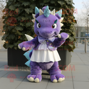 Lavender Stegosaurus mascot costume character dressed with a Culottes and Scarf clips