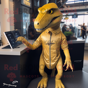 Gold Allosaurus mascot costume character dressed with a Henley Shirt and Hairpins