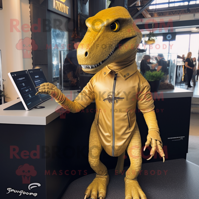 Gold Allosaurus mascot costume character dressed with a Henley Shirt and Hairpins Gold Allosaurus mascot costume character dressed with a Henley Shirt and Hairpins