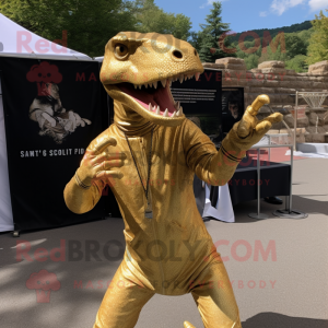 Gold Allosaurus mascot costume character dressed with a Henley Shirt and Hairpins