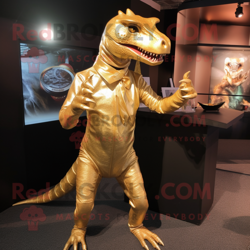 Gold Allosaurus mascot costume character dressed with a Henley Shirt and Hairpins Gold Allosaurus mascot costume character dressed with a Henley Shirt and Hairpins