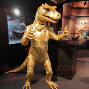 Gold Allosaurus mascot costume character dressed with a Henley Shirt and Hairpins