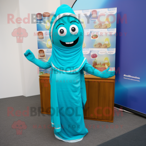 Cyan Tikka Masala mascot costume character dressed with a Dress and Scarves