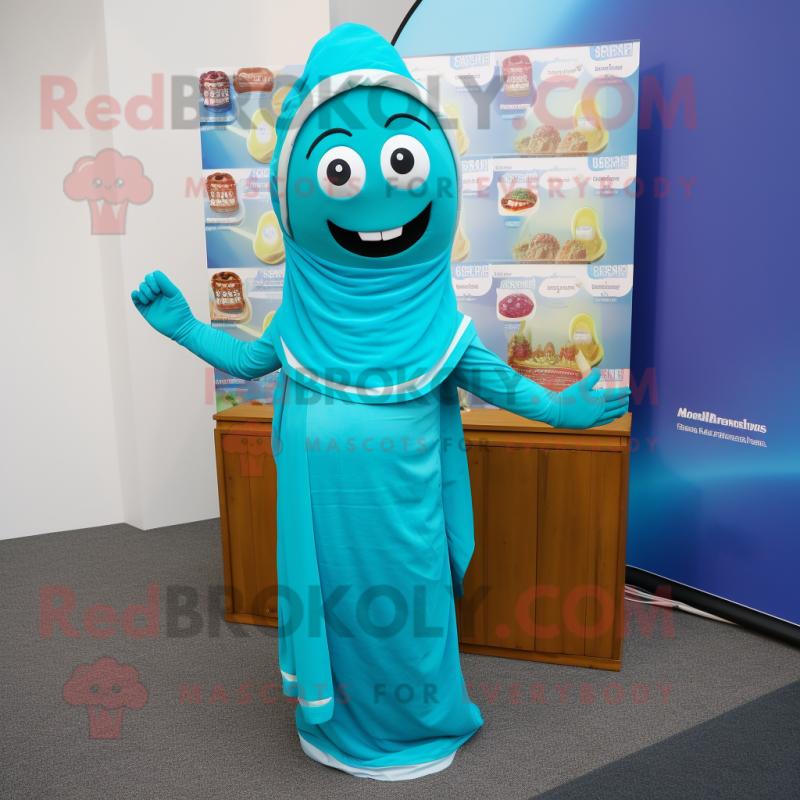 Cyan Tikka Masala mascot costume character dressed with a Dress and Scarves Cyan Tikka Masala mascot costume character dressed with a Dress and Scarves