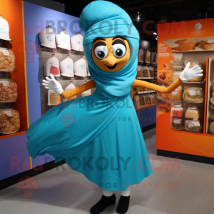 Cyan Tikka Masala mascot costume character dressed with a Dress and Scarves