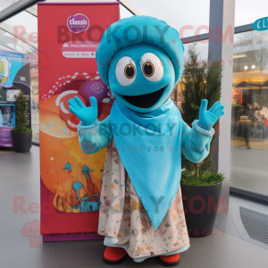 Cyan Tikka Masala mascot costume character dressed with a Dress and Scarves