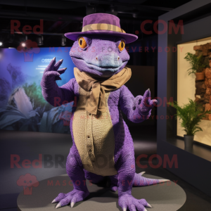 Purple Komodo Dragon mascot costume character dressed with a Romper and Hats