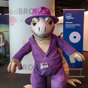 Purple Komodo Dragon mascot costume character dressed with a Romper and Hats