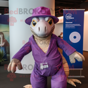 Purple Komodo Dragon mascot costume character dressed with a Romper and Hats