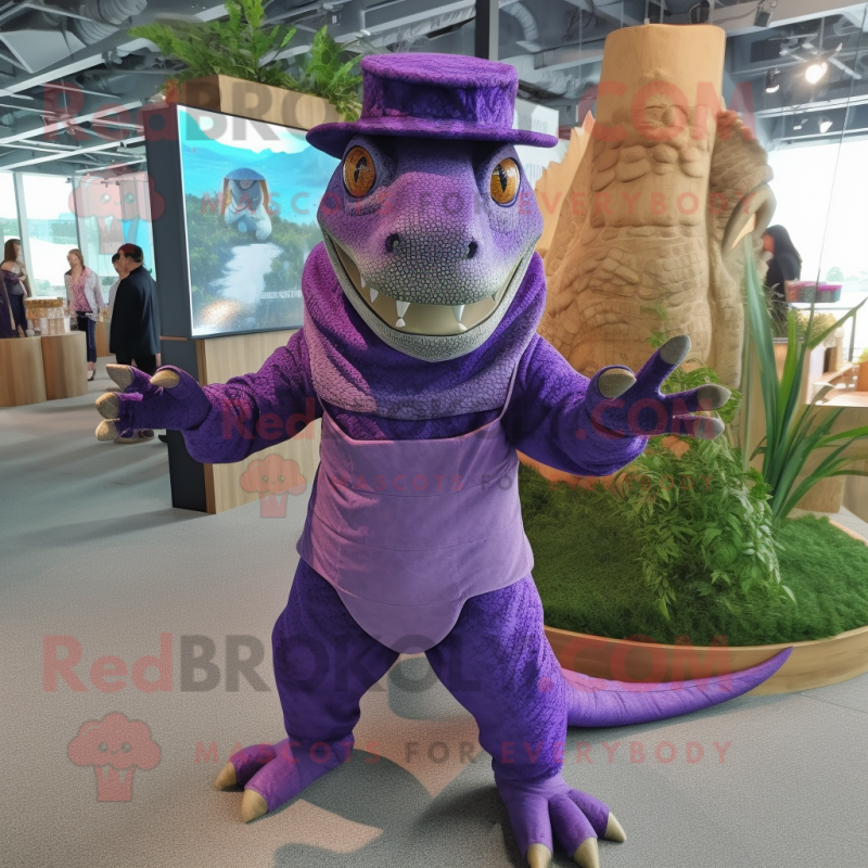 Purple Komodo Dragon mascot costume character dressed with a Romper and Hats Purple Komodo Dragon mascot costume character dressed with a Romper and Hats