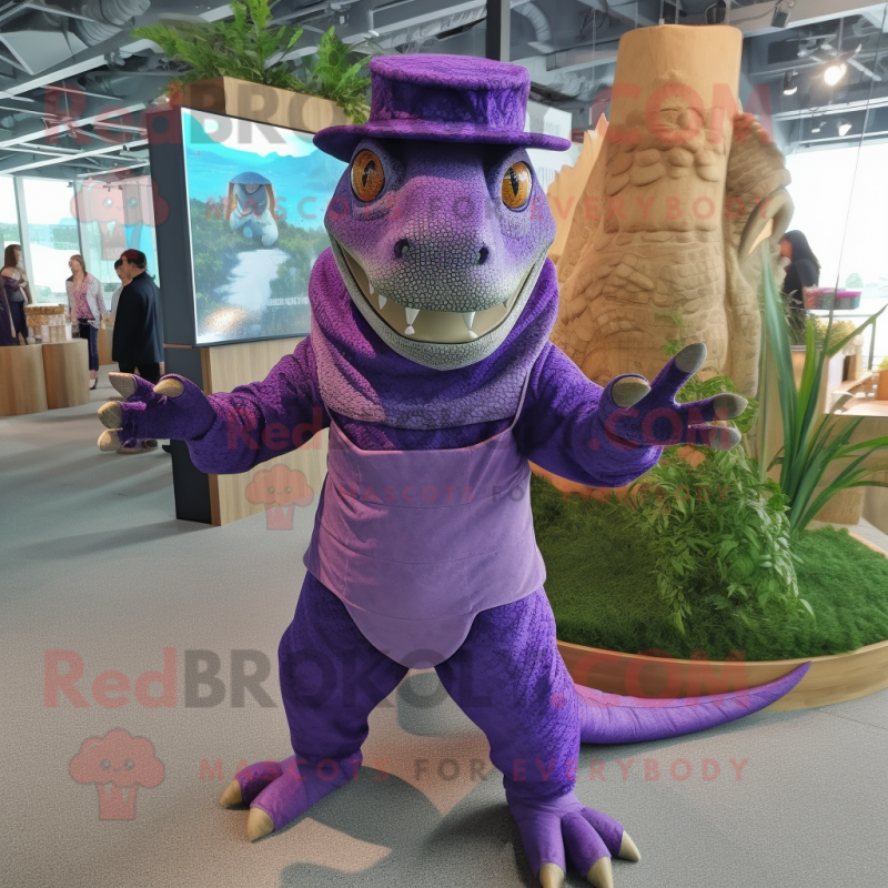 Purple Komodo Dragon mascot costume character dressed with a Romper and Hats