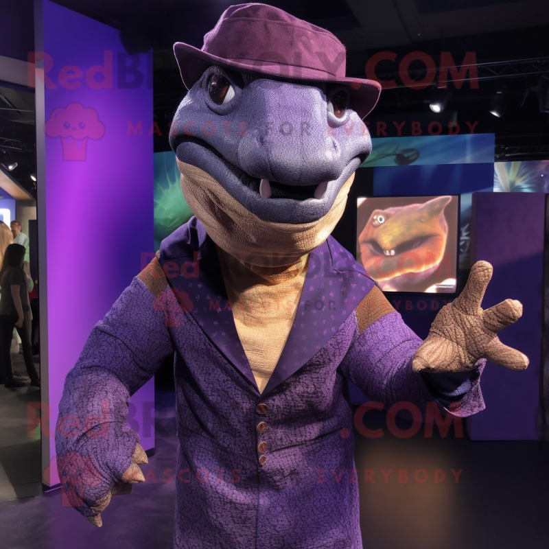 Purple Komodo Dragon mascot costume character dressed with a Romper and Hats Purple Komodo Dragon mascot costume character dressed with a Romper and Hats
