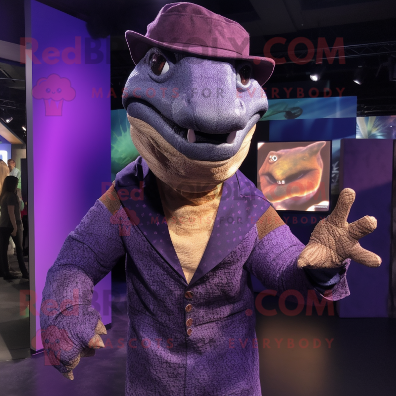 Purple Komodo Dragon mascot costume character dressed with a Romper and Hats