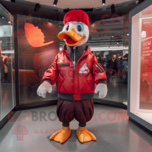 Red Muscovy Duck mascot costume character dressed with a Bomber Jacket and Scarves